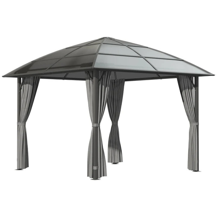 10' x 10' PC & Aluminum Hardtop / Steel Frame Gazebo Canopy Outdoor Shade Patio, Curtains, Grey