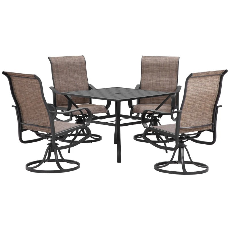 5pc Steel Bistro Dining Table w 4 High-Back Mesh Swivel Rocking Chairs, Outdoor Patio, Brown