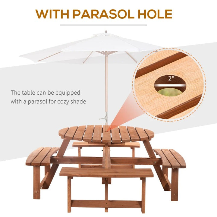 NEW 8-Seat Round Picnic Dining Pub Table w Bench Seats, Outdoor Pool Patio, Solid Stained Fir Wood