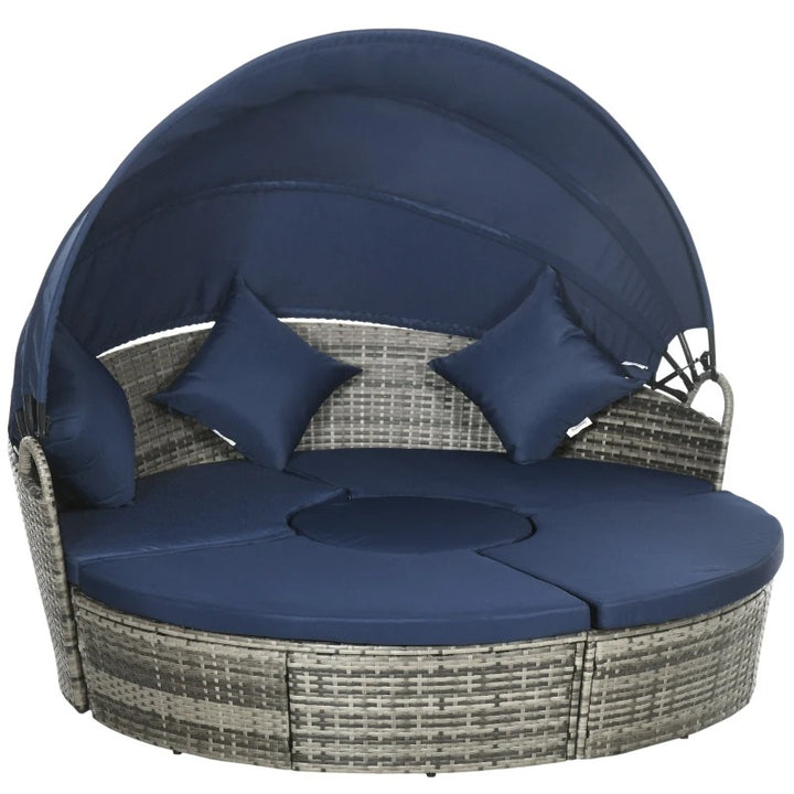 4pc PE Rattan Wicker Round Canopy Daybed Lounge Patio Sectional Sofa Set w Cushions, Grey, Blue