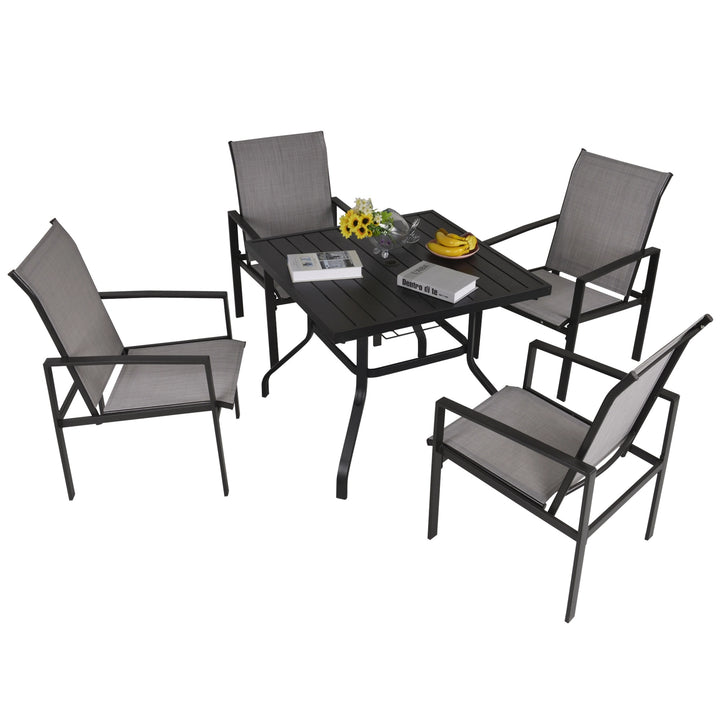 5pc Steel Square Dining Table Outdoor Patio Set w 4 Armchairs, Umbrella Hole - Black, Grey