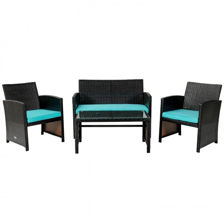 4pc Rattan Wicker Conversation Furniture Loveseat Set, Cushions for Outdoor Patio, Brown, Turquoise