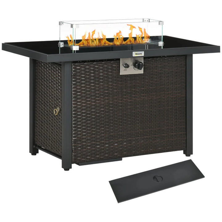 43" 50,000 BTU Propane Gas Fire Pit Table, Glass Top, Stones Wind Shield Cover, Dk Brown Rattan