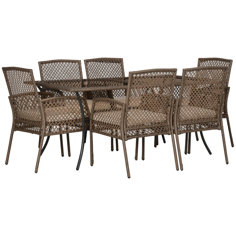 7pc PE Rattan Wicker Dining Set w 6 Chairs & Glass Top Table for Outdoor Patio, Brown, Beige