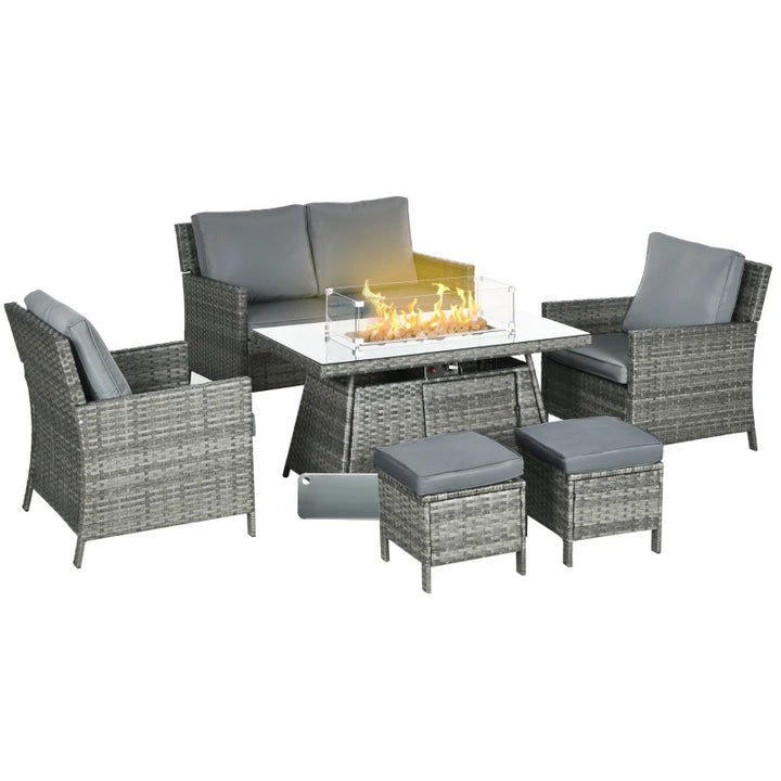 6pc PE Rattan Wicker Conversation Set w Propane Fire Pit Table, Footstools, Outdoor Patio, Grey