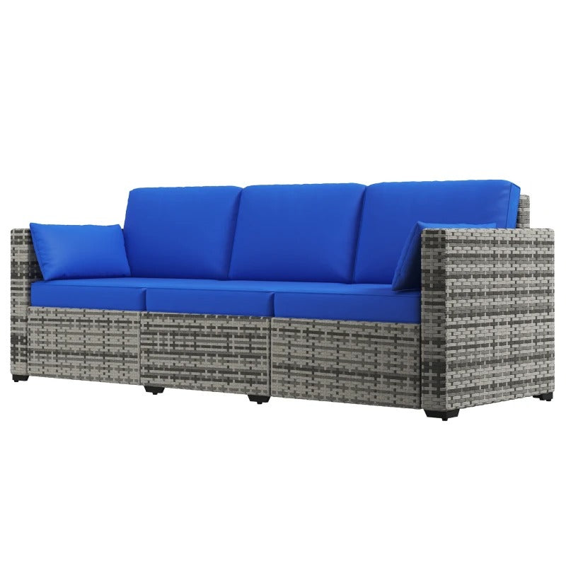 3 Seater PE Rattan Wicker Sofa for Outdoor Patio w/ Cushions & Arm Pillows, Mixed Grey & Blue