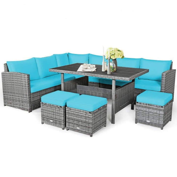 7pc L-Shape Rattan Wicker Dining Set Outdoor Patio Sectional w Table Cushions Ottomans, Turquoise