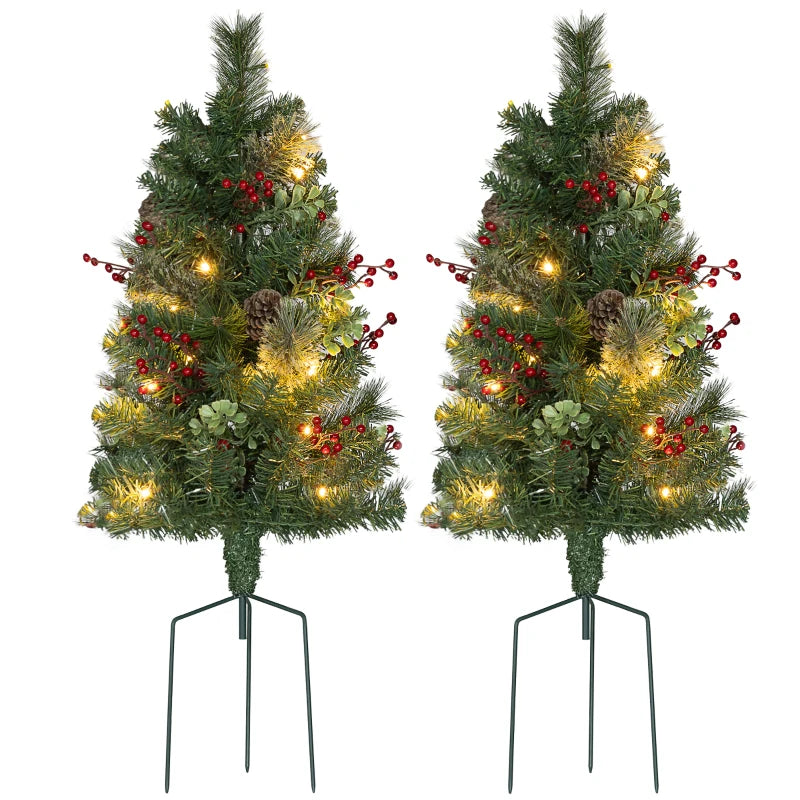 NEW 2pc 2ft Prelit Artificial Christmas Holiday Mini Outdoor Tree w Pinecones, Berries Decor, Green