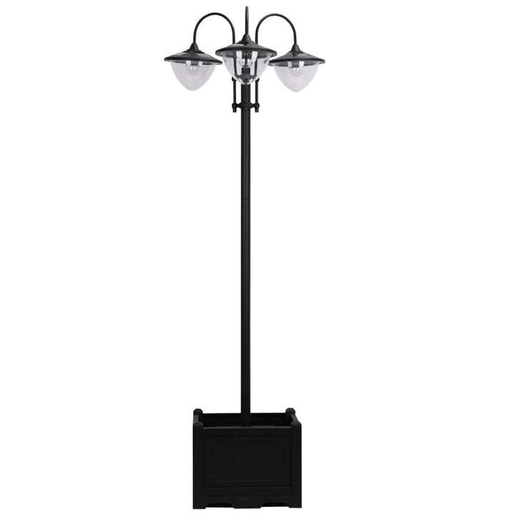 74” 3-Head Solar LED Automatic Outdoor Torch Light Street Lamp Post w Flowerbed Planter, Black