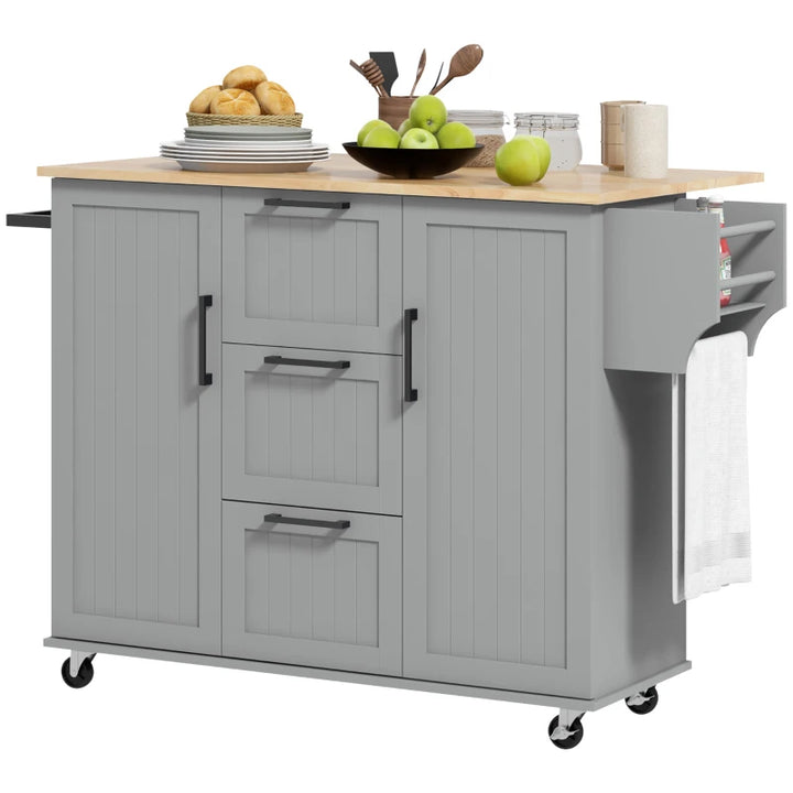 Rolling Kitchen Island Cart w Drop-leaf Dining Countertop Bar, Storage Drawers, Wood Top, Grey