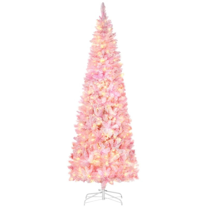 7.5ft 700-Tip Pre-lit Lush Slim Artificial Pencil Christmas Holiday Tree w 350 LED Lights, Pink