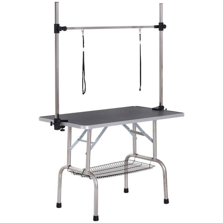 42" x 24" x 67" Portable Folding Dog Grooming Table w 2 Arms, Adjustable, Rubber Top, Black