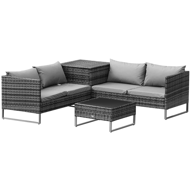 4pc L-Shape Corner Rattan Wicker Sectional Patio Sofa w Storage, Table, Cushions - Mixed Grey