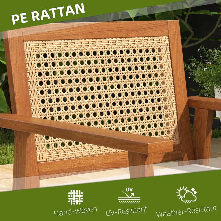 4pc Retro Wood PE Rattan Wicker Patio Furniture Set w Cushions Outdoor Patio, Teak Stain, Beige