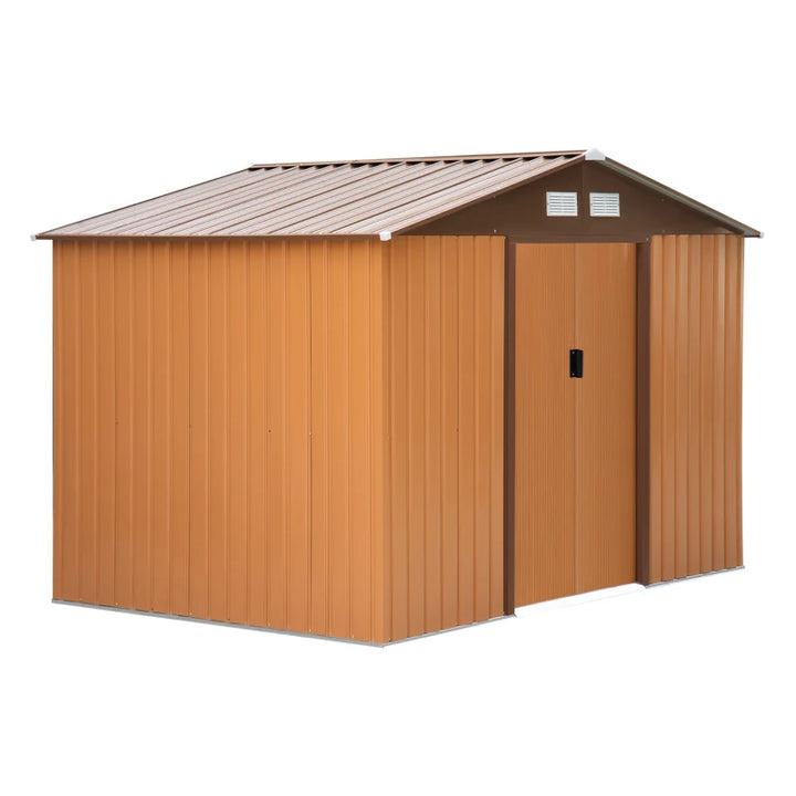 9’ x 6’ x 6’ Outdoor Metal Storage Shed Organizer w Foundation for Patio Backyard - Brown