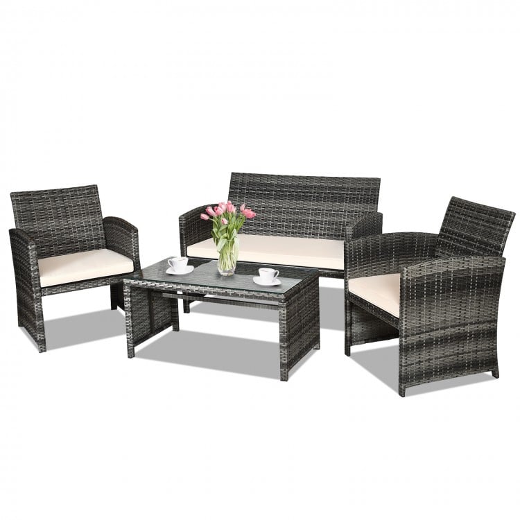 4pc Rattan Wicker Conversation Furniture Loveseat Set w Cushions Outdoor Patio, Grey, Cream White