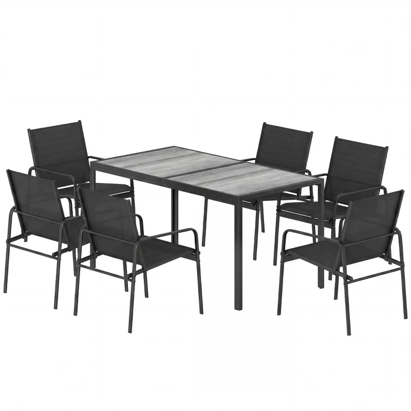 Outdoor Dining Set for 6 with Faux Wood Patio Table and Breathable Mesh Chairs - Durable Weather-Resistant Patio Furniture