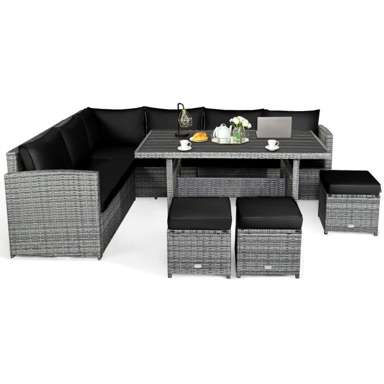 7pc L-Shape Rattan Wicker Dining Set Outdoor Patio Sectional w Table Cushions Ottomans, Black