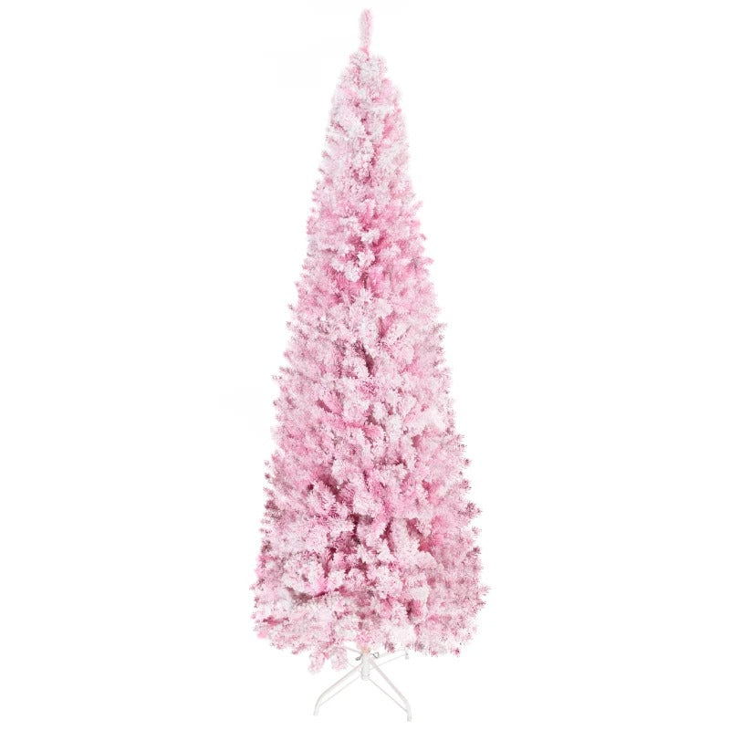 7.5ft 800-Tip Snow Flocked Unlit Artificial Pencil Christmas Holiday Tree, Xmas Decor, Pink
