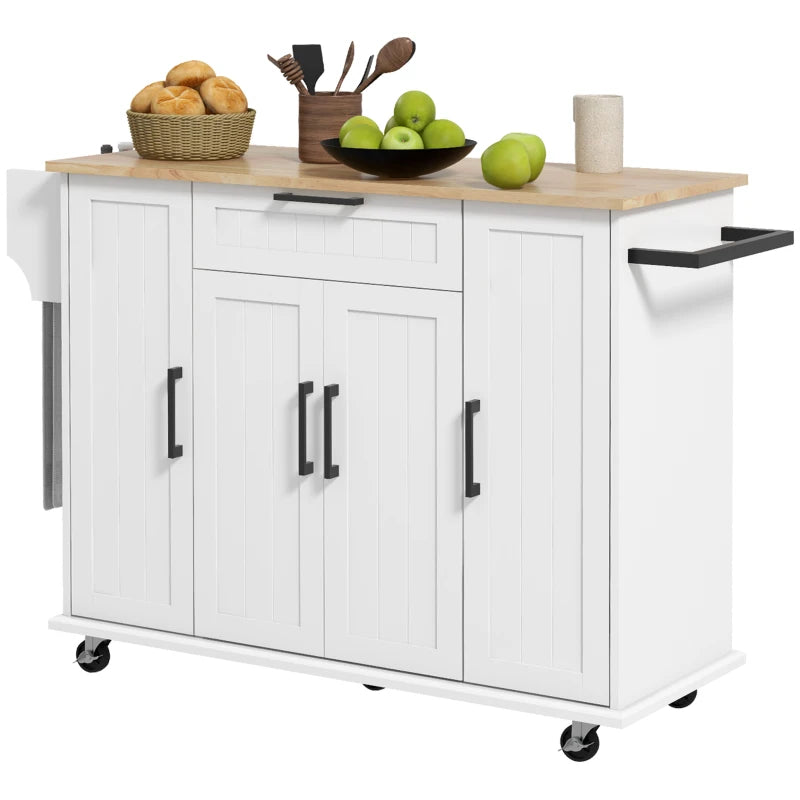 Modern Rolling Kitchen Island Storage Cart Cabinet Sideboard, Natural Wood Top, Wheels, White