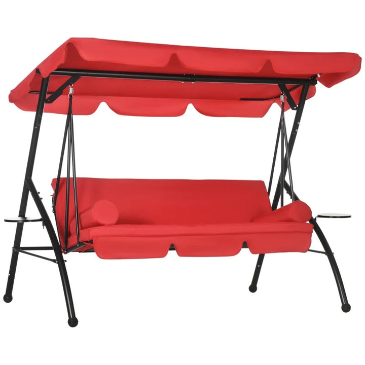 Outdoor 3 Seater Garden Swing / Flat Daybed w Canopy Shade, Cushions for Garden Deck Porch, Red