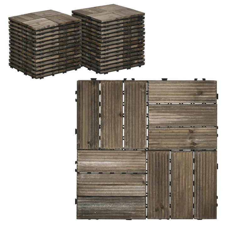 27pc Solid Fir Wood DIY Interlocking Patio Deck Floor Tiles for Indoor Outdoor Use, Grey Brown