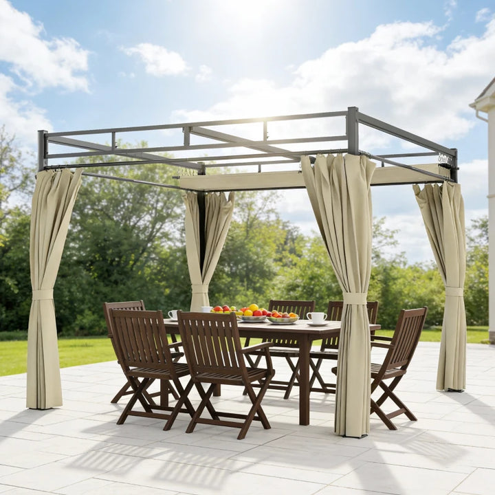 10' x 10' Outdoor Gazebo Retractable Pergola Canopy with Curtains - Durable UPF30+ Metal Pergola Kit