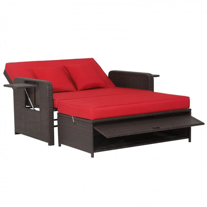 2pc Rattan Wicker Convertible Chaise Sofa Loveseat Daybed Lounger Ottoman w Cushions Outdoor, Red