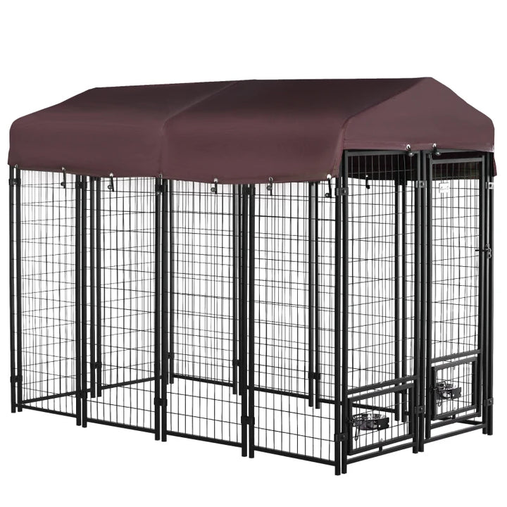 8' x 4' x 6' Steel Dog House, Bowl Holders, Roof Pen Kennel Shelter Heavy Duty Outdoor Wine Red