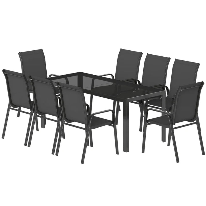 9 Pieces Patio Set With Stackable Chairs and Glass Top - Durable Outdoor Dining Furniture