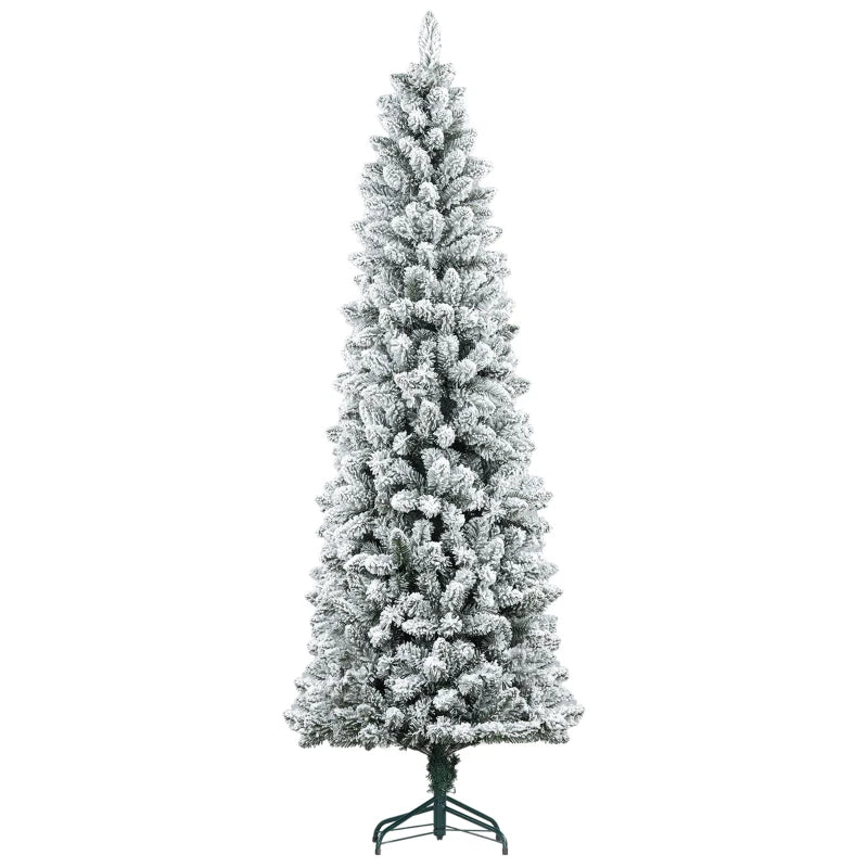 7ft 687-Tip Unlit Snow Flocked Slim Artificial Pencil Christmas Holiday Fake Xmas Tree, Green