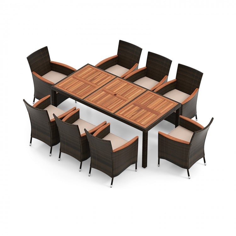 9pc PE Rattan Wicker Dining Set w 8 Armchairs, Acacia Wood Top, Umbrella Hole, Outdoor Patio, Brown