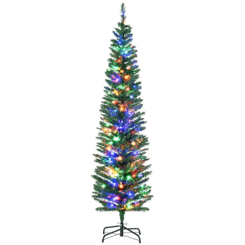 6ft Pre-lit Ultra Slim Pencil Faux Christmas Holiday Tree w 150 Multicolour LED Lights, Green