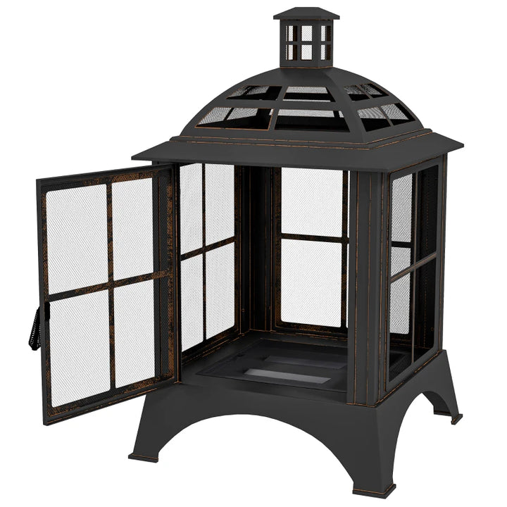 28” Square Wood Burning Fire Pit w/ Chimney Spark Guard, Cover, Ash Tray, Poker - Black