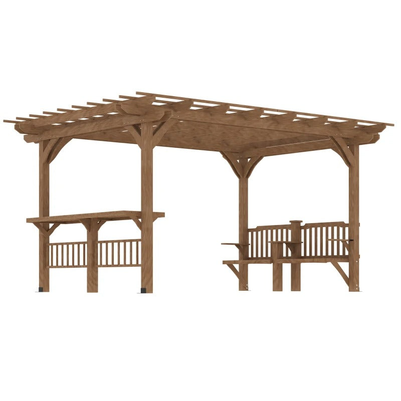 14' x 10' Wood Pergola Gazebo Patio Garden BBQ Shelter w Bar Counters, Bench Seats - Brown