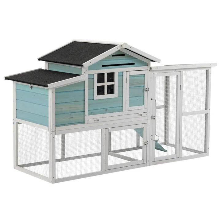 76" Wooden Outdoor Chicken Coop Hen House w Removable Tray, Nesting Box, Lockable Door, Lt Blue