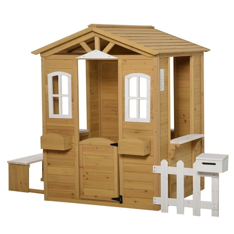 Kids Wooden Outdoor Playhouse w Door, Windows for Backyard Deck Patio Playground, Natural Fir