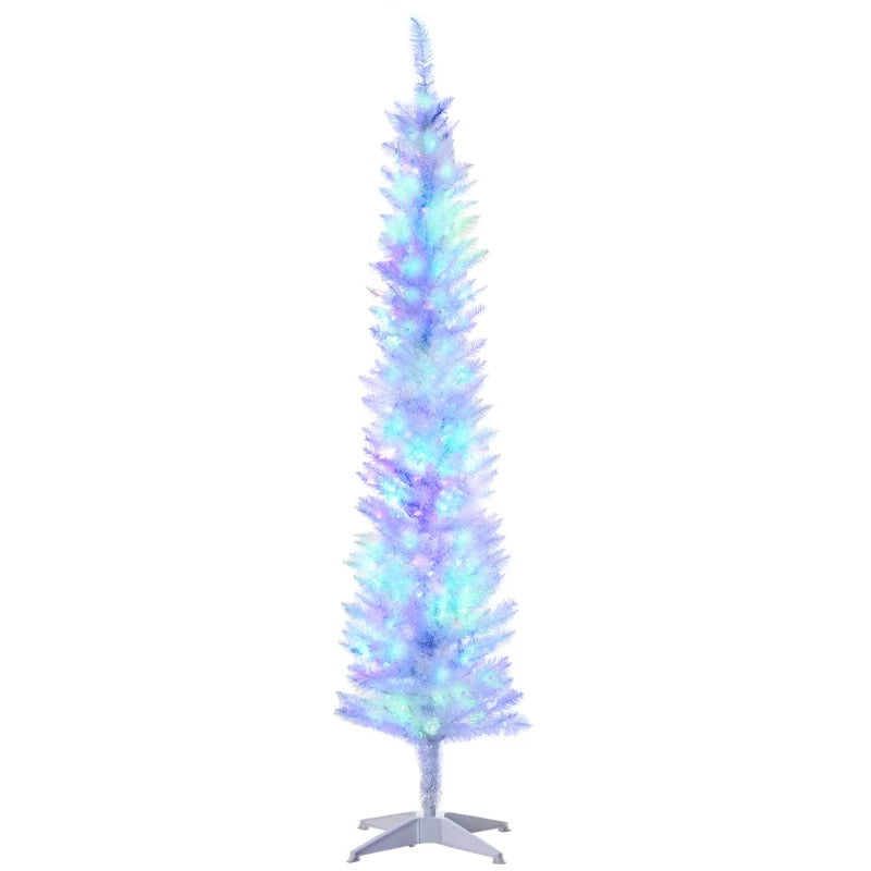 6ft Pre-lit Ultra Slim Pencil Christmas Holiday Tree w 200 Multicolour Lights, Iridescent White