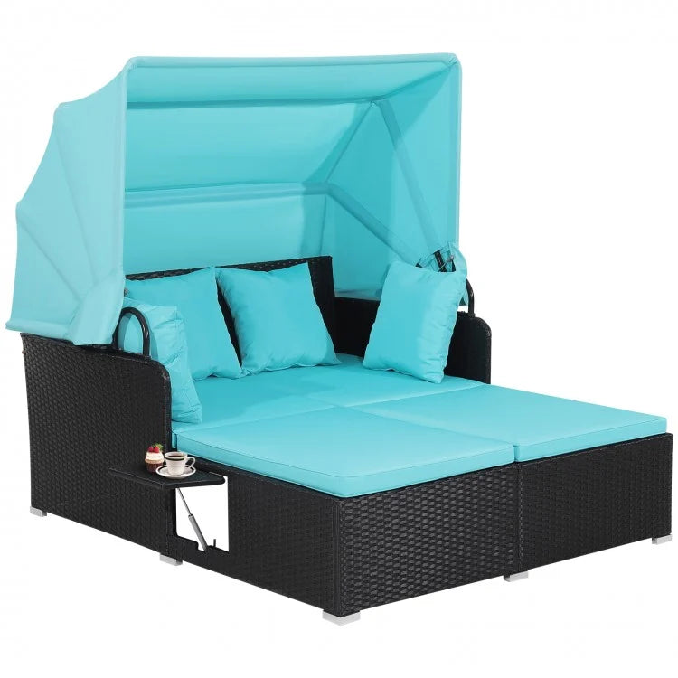 2-Person Rattan Wicker Canopy Daybed Lounge Chaise for Outdoor Patio, Cushions, Black, Turquoise