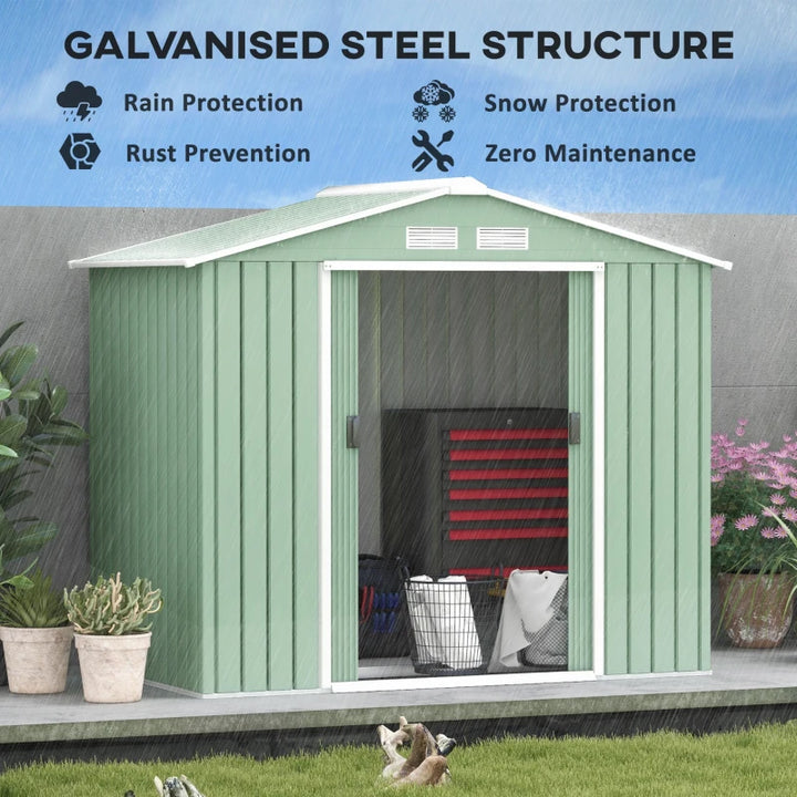 7’ x 4’ x 6’ Outdoor Metal Storage Shed Organizer w Foundation for Garden Backyard, Light Green