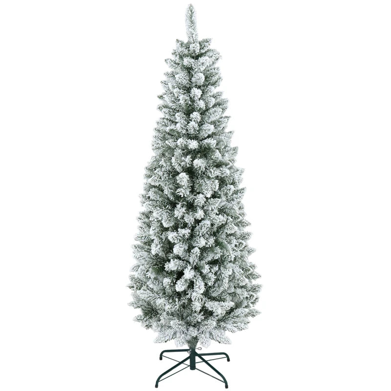 6ft 479-Tip Unlit Snow Flocked Slim Artificial Pencil Christmas Holiday Fake Xmas Tree, Green