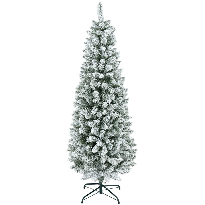 6ft 479-Tip Unlit Snow Flocked Slim Artificial Pencil Christmas Holiday Fake Xmas Tree, Green