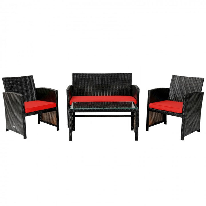 4pc Rattan Wicker Conversation Furniture Loveseat Set w Cushions for Outdoor Patio, Brown, Red