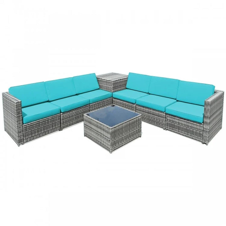 8pc L-Shape Rattan Wicker Sectional w Storage, Cover, Outdoor Patio Furniture, Grey, Turquoise