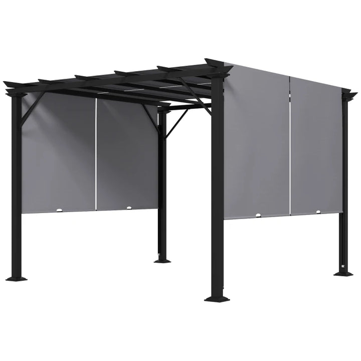 10' x 10' Steel Pergola Gazebo Shelter w Retractable Fabric Roof for Outdoor Deck Patio, Grey