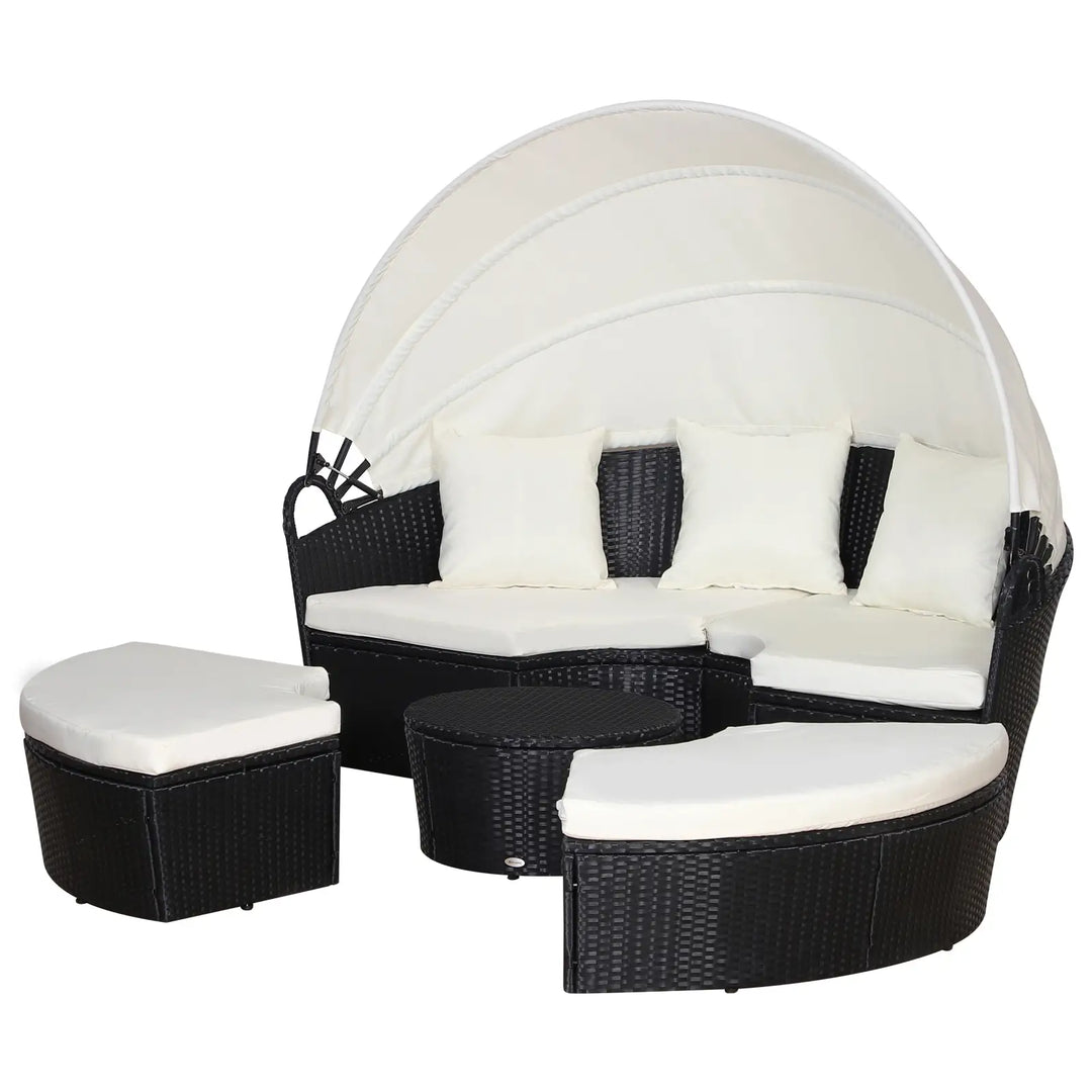 4pc PE Rattan Wicker Round Canopy Daybed Lounge Outdoor Patio Sofa w Cushions, Black, Cream White