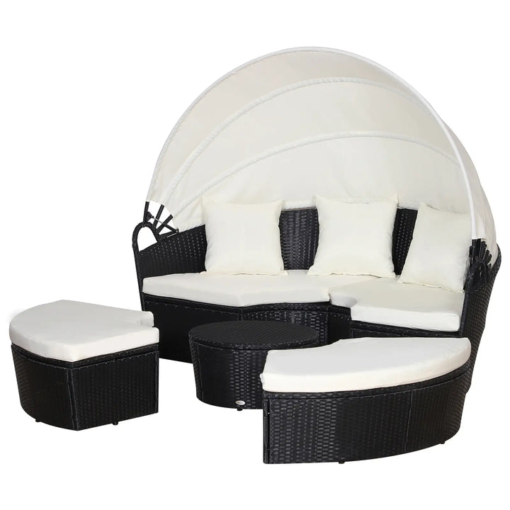 4pc PE Rattan Wicker Round Canopy Daybed Lounge Outdoor Patio Sofa w Cushions, Black, Cream White