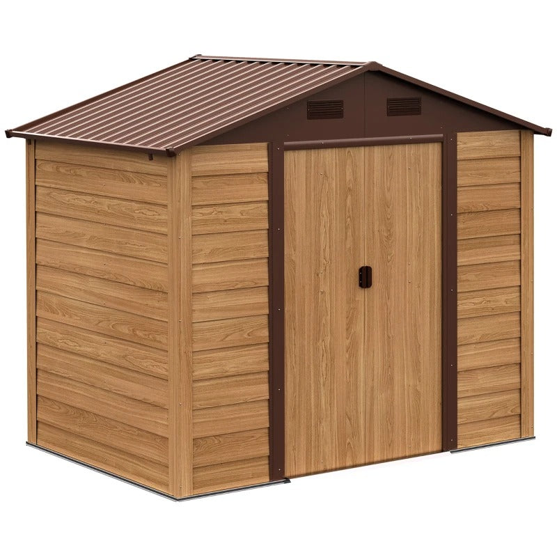 6.4' x 7.7' x 6.8’ Outdoor Metal Storage Shed Tool Organizer for Yard, Teak Woodgrain Lt Brown