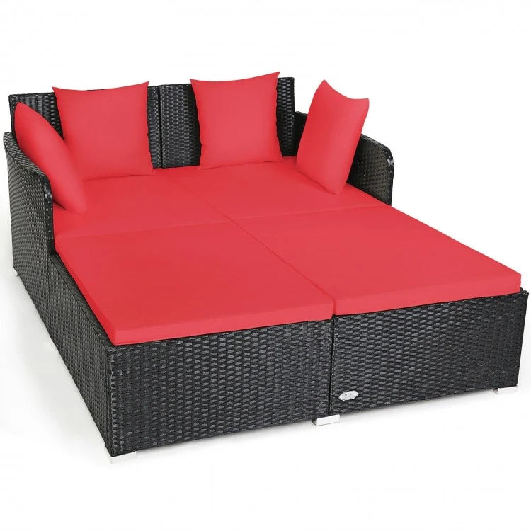 Double Rattan Wicker Daybed Sun Lounger Sofa Chaise w Cushions for Outdoor Patio, Red, Black