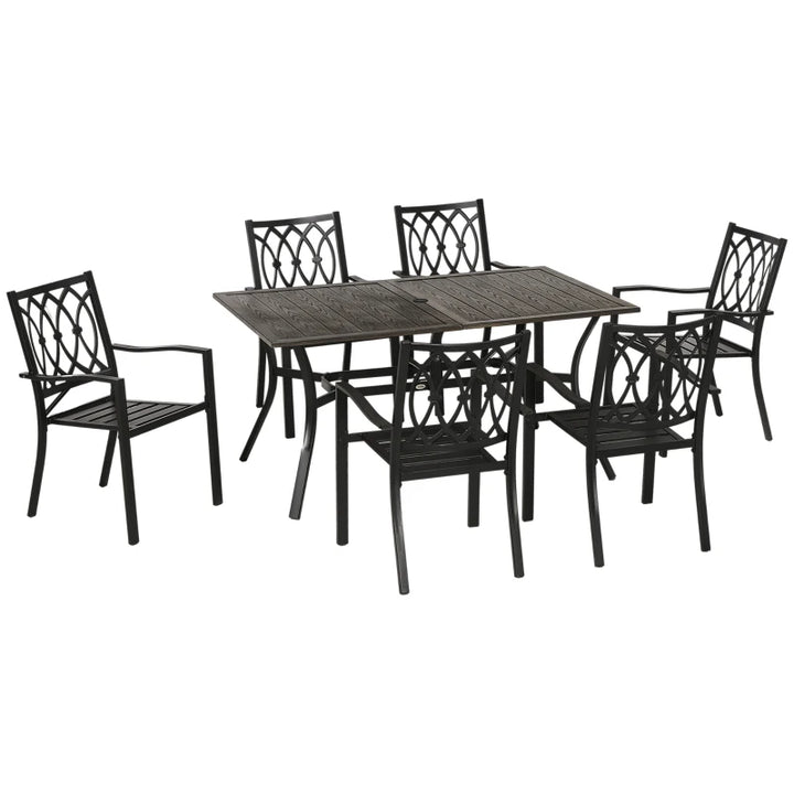 7pc Steel Woodgrain Effect Outdoor Dining Table Set, 6 Stackable Arm Chairs Garden Patio, Black